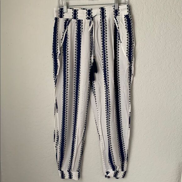 Solitaire Navy White Swimwear Open Sides Rayon Pants Joggers Size L - Picture 1 of 10